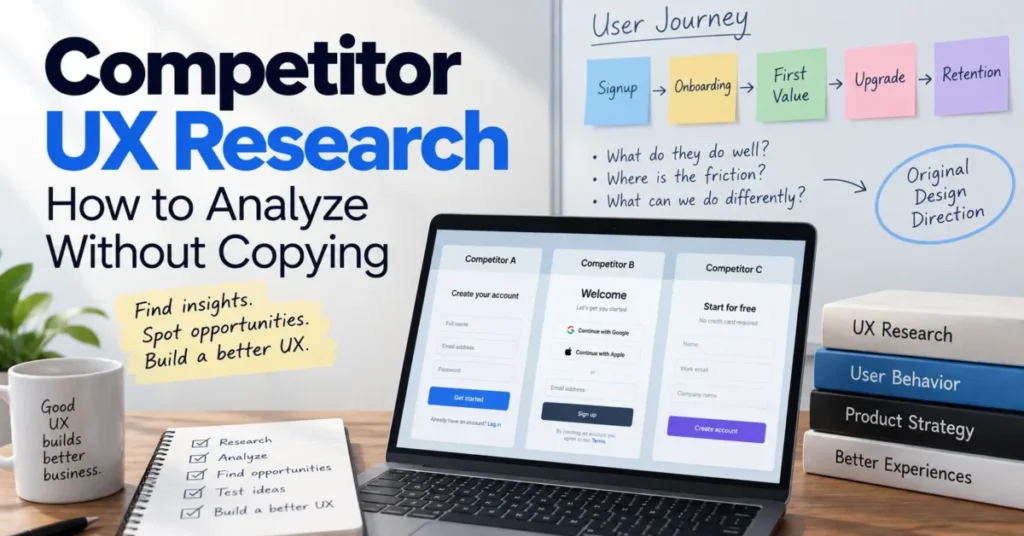 Competitor UX research featured image showing user journey analysis, competitor flows, and original design direction