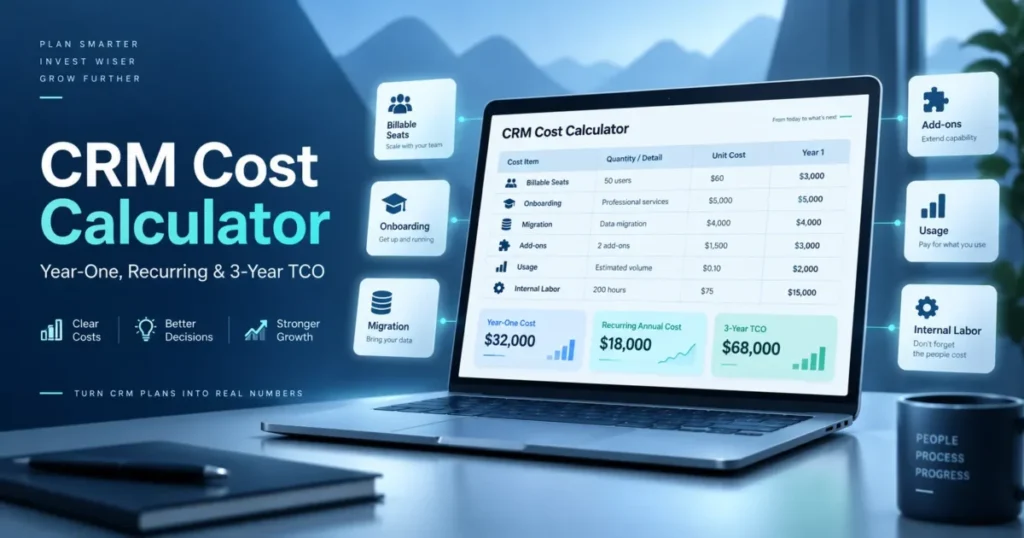 CRM cost calculator for estimating year-one, recurring, and 3-year TCO