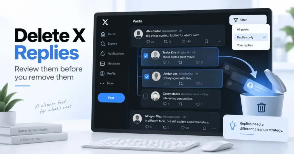 Delete X replies featured image showing selected replies, filters, and a cleanup workflow before deletion