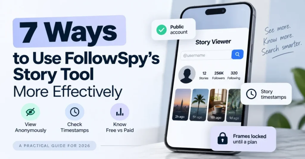 Featured image for 7 Ways to Use FollowSpy's Story Tool More Effectively, showing public account checks, story timestamps, anonymous viewing, and free versus paid access