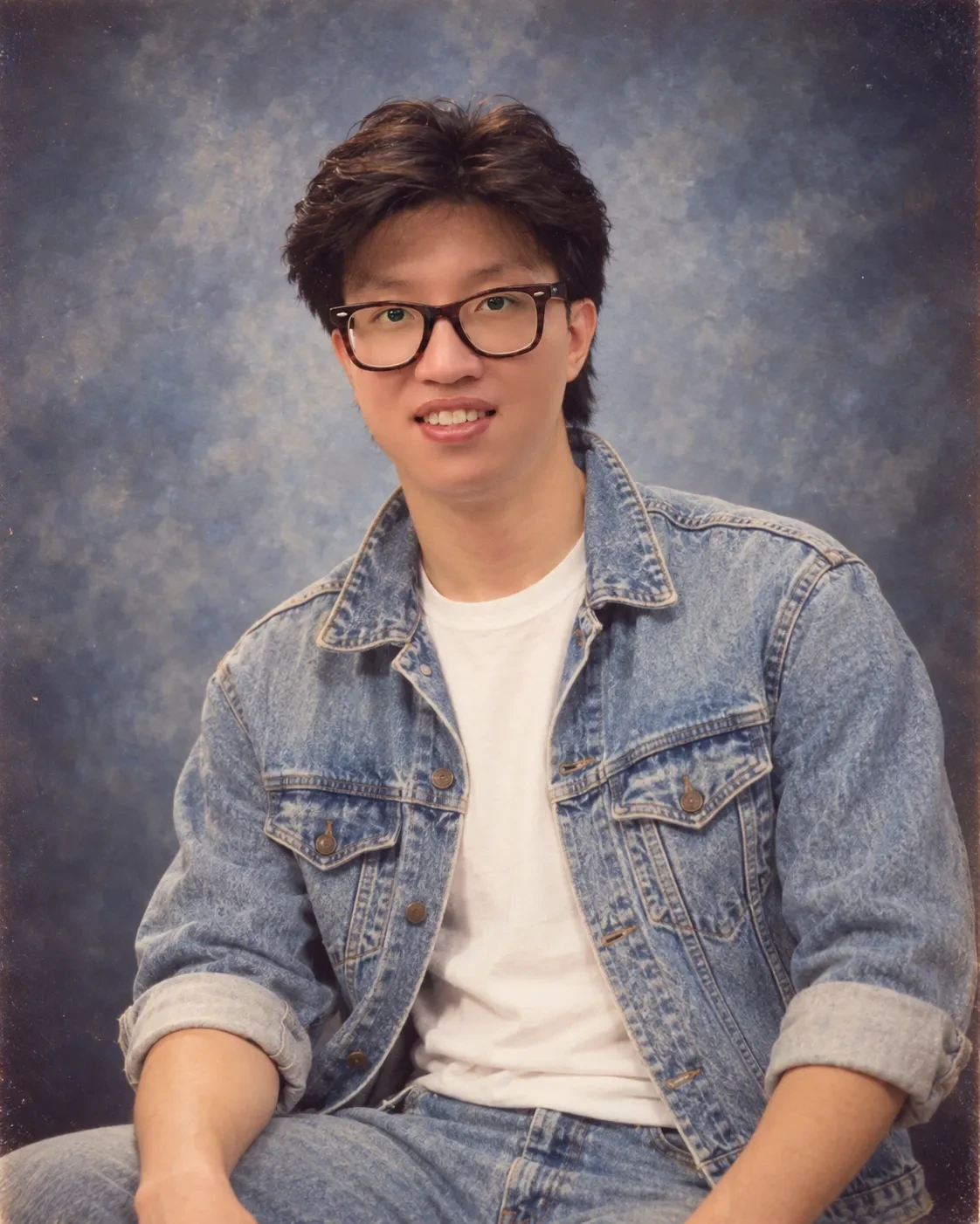 Man in glasses with 1980s feathered hair wearing a denim jacket and white T-shirt against a mottled blue studio backdrop
