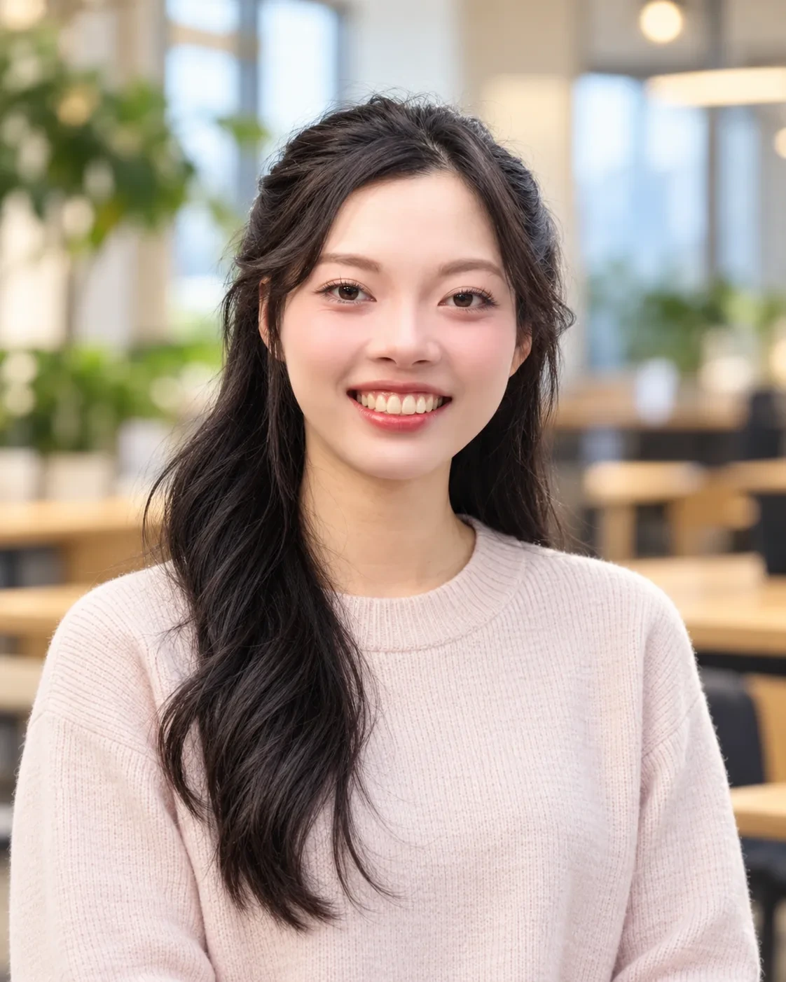 Chest-up headshot of a smiling woman in a pale pink crew-neck sweater in a blurred bright co-working space