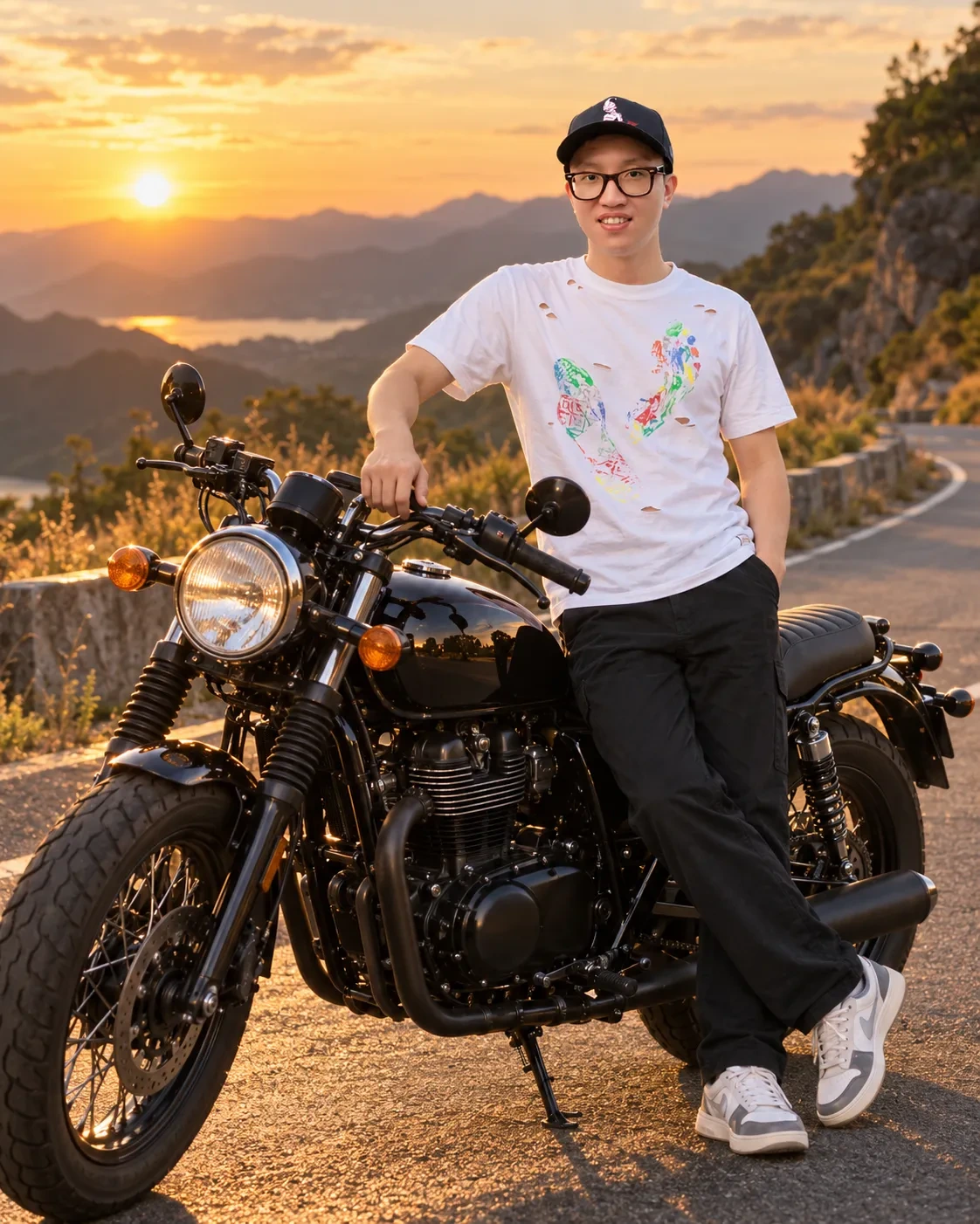 Man in glasses and a cap leaning on a black retro motorcycle on a mountain road at sunset