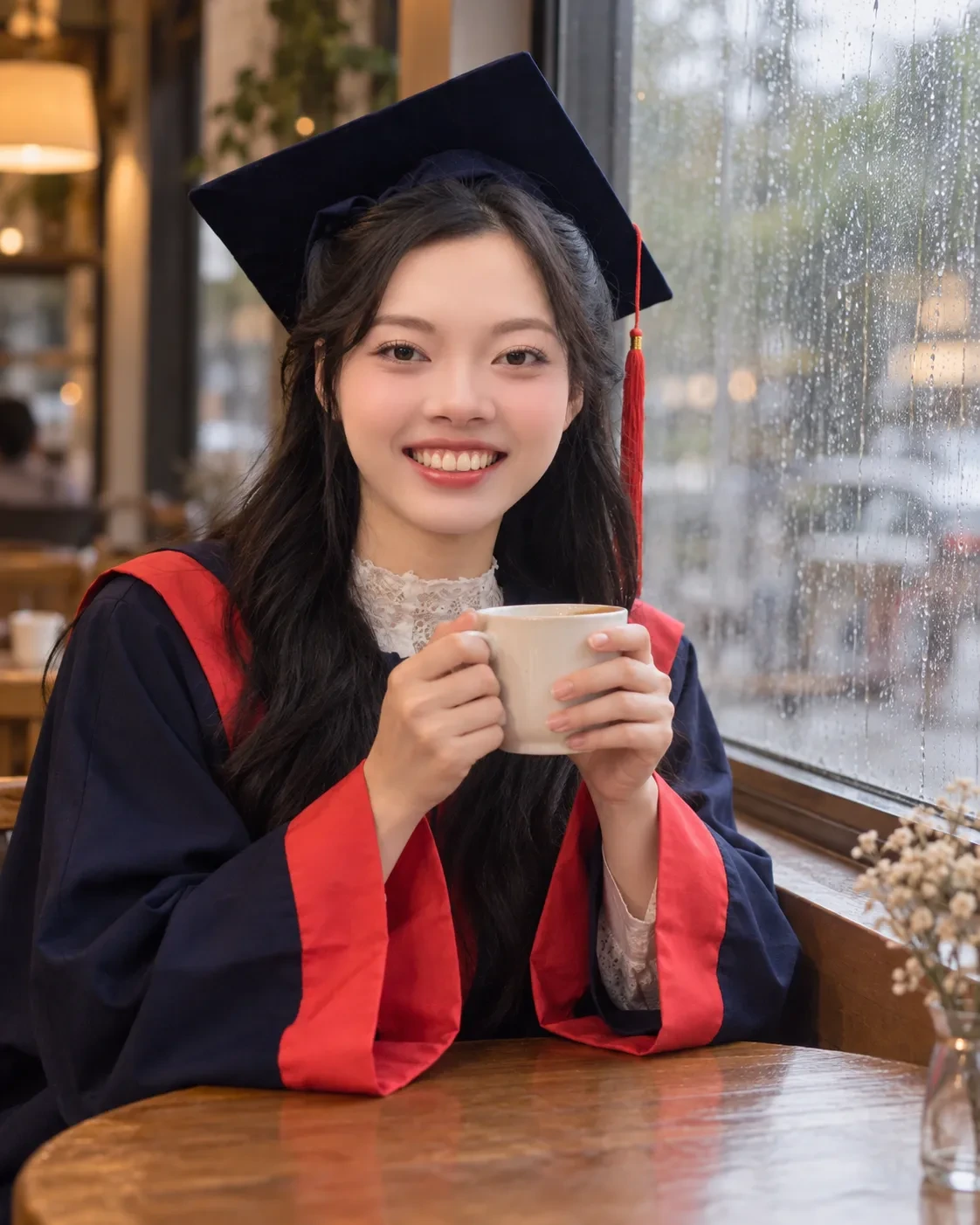 Smiling woman in a graduation cap and gown holding a coffee cup at a wooden cafe table beside a rain-streaked window