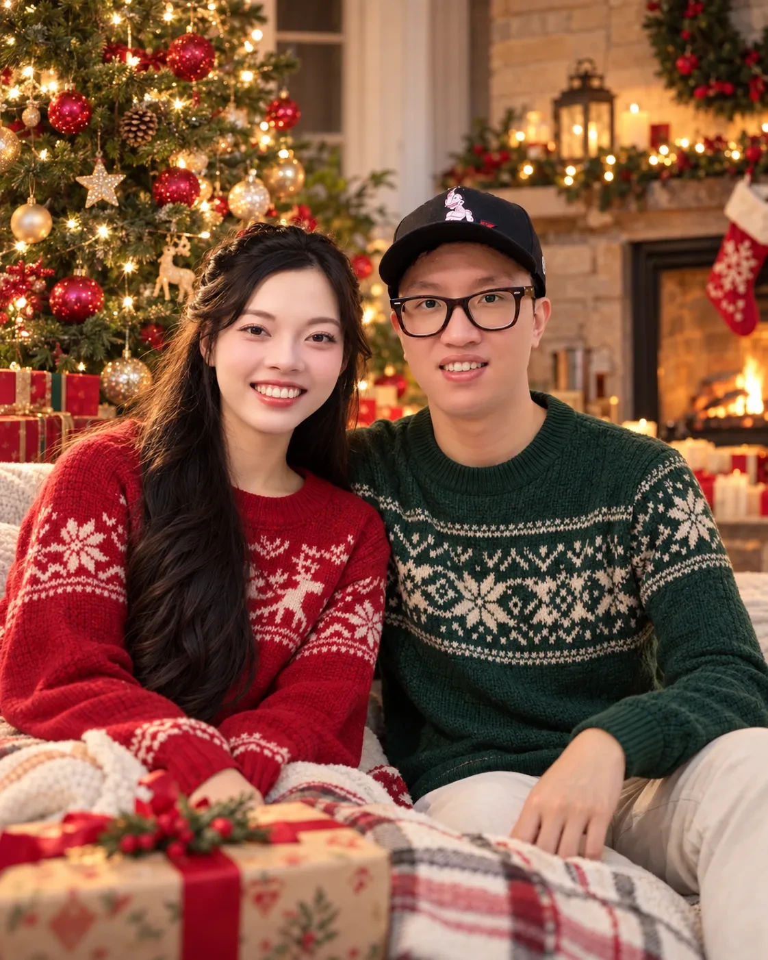 Couple in red and green knit sweaters sitting in front of a decorated Christmas tree and a lit fireplace