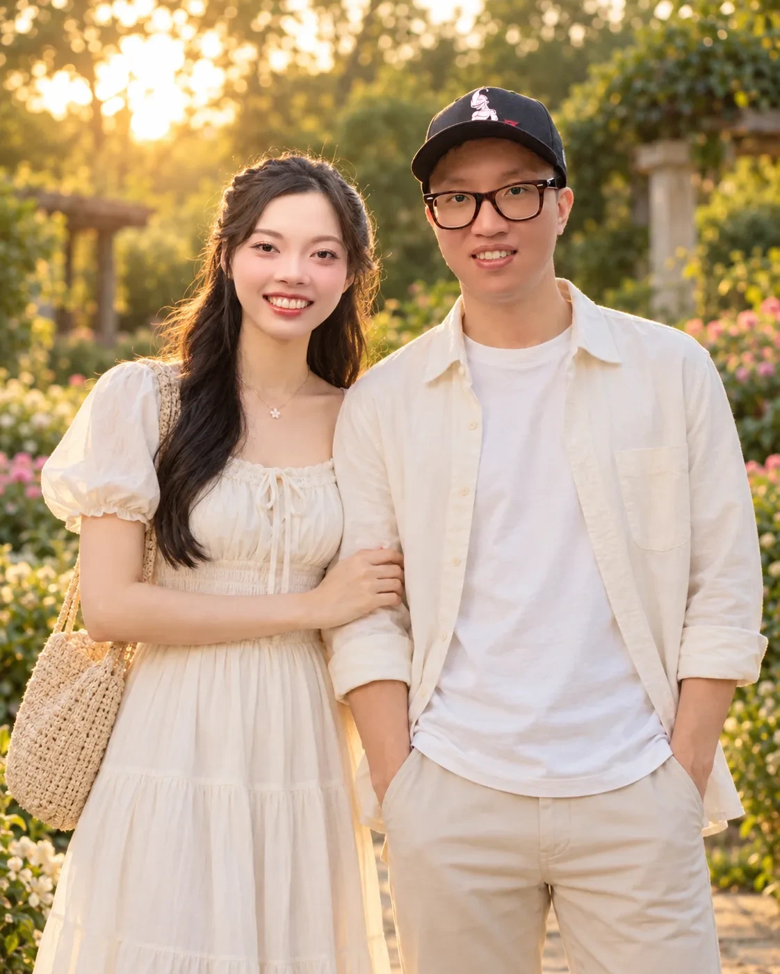 Couple side by side in cream and white outfits in a garden at golden hour, woman holding the man's arm