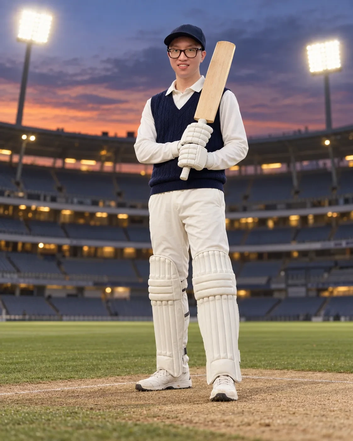 Man in glasses in cricket whites, navy sweater vest, pads and gloves holding a bat on the pitch of an empty floodlit stadium at dusk