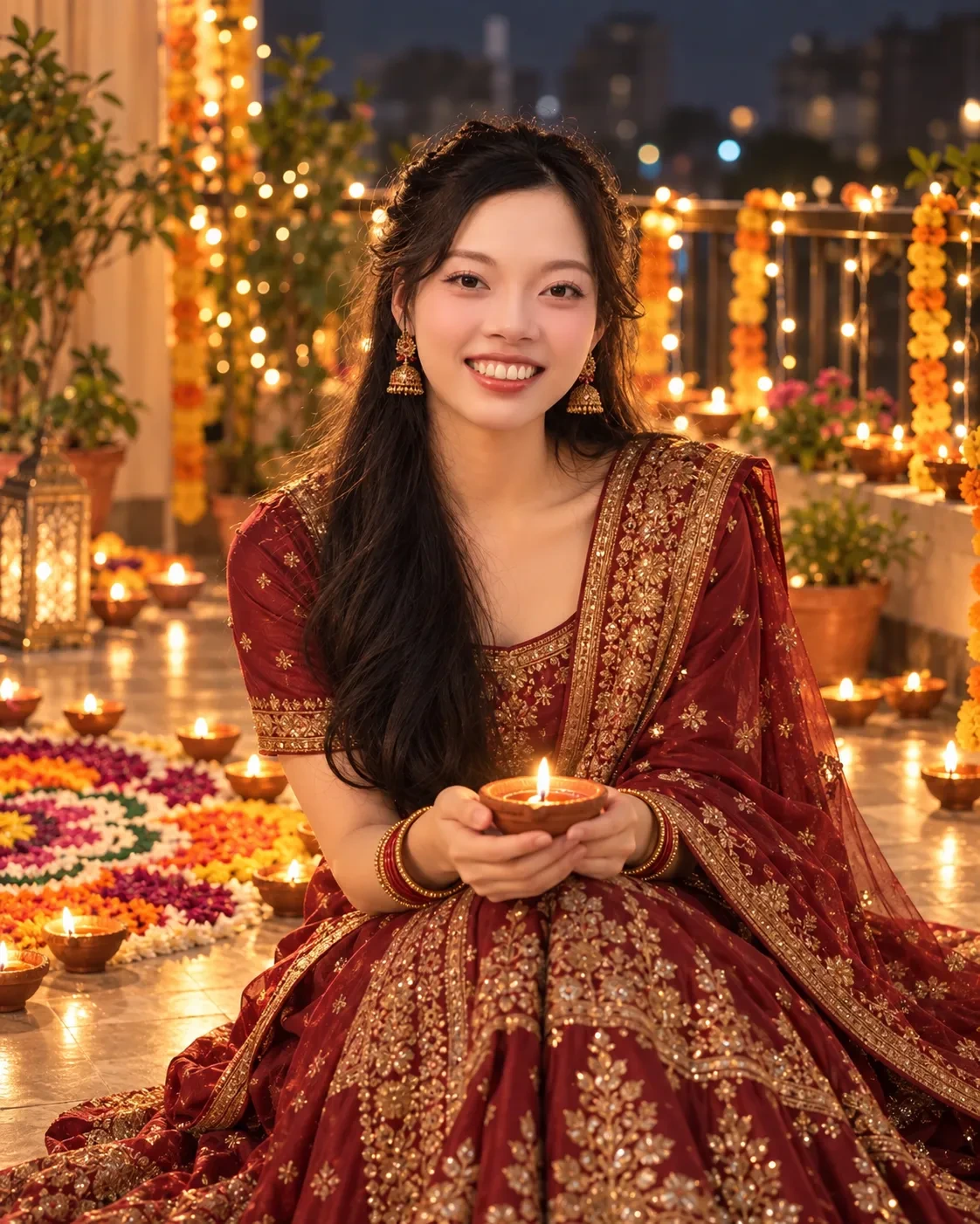 Smiling woman in a maroon and gold outfit holding a lit diya on a terrace with rows of diyas, marigold garlands and a rangoli