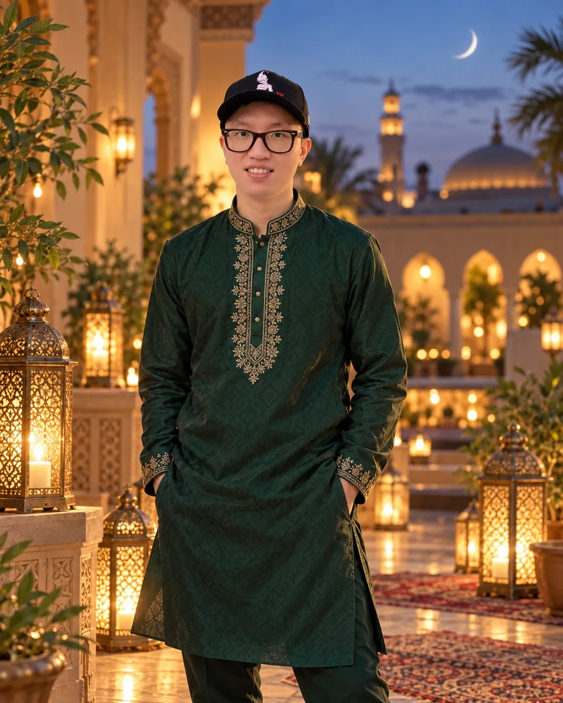 Man in glasses and a cap wearing an emerald green embroidered kurta among glowing lanterns with a mosque and crescent moon behind