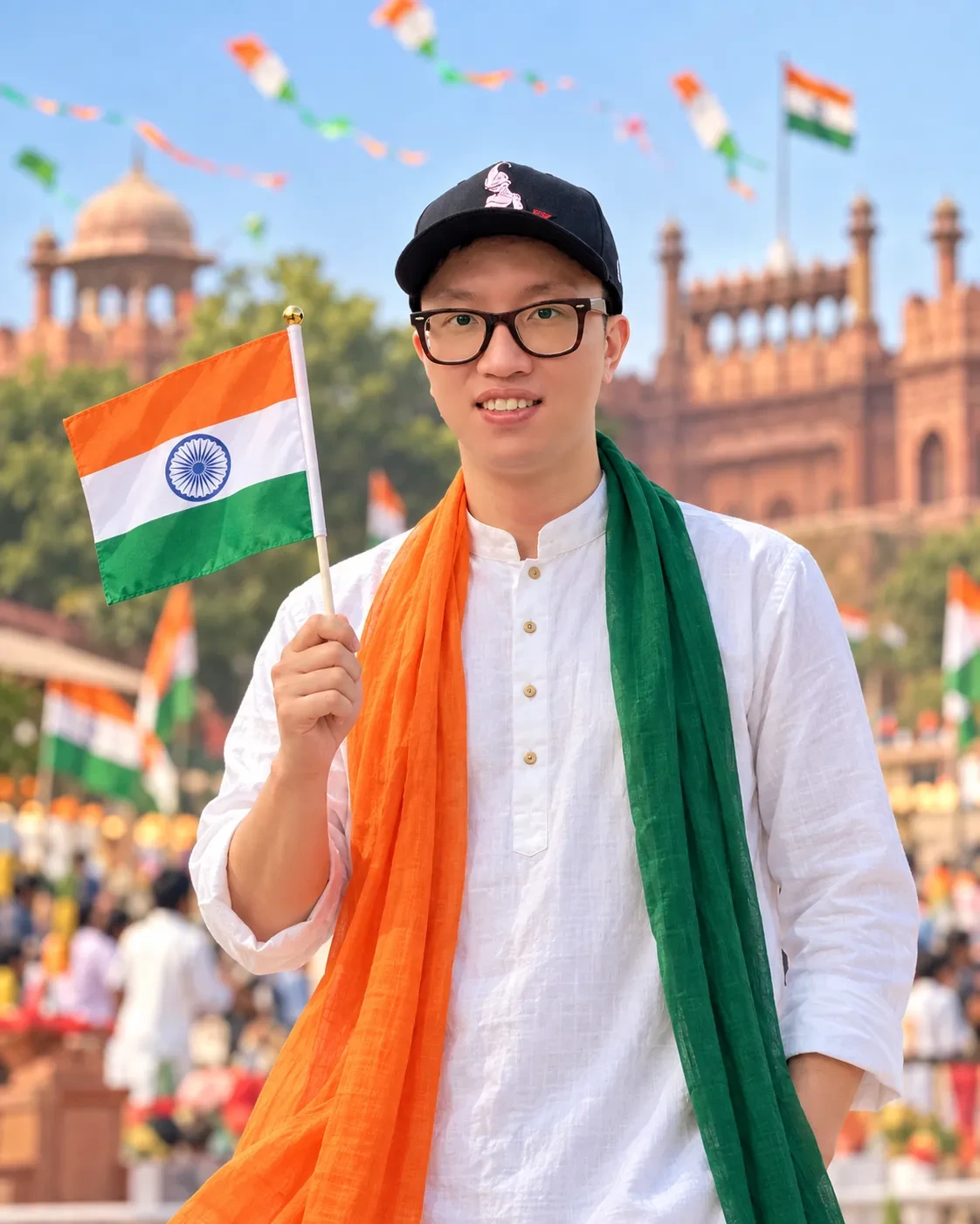 Man in glasses and a cap wearing a white kurta with a saffron and green scarf, holding a small Indian flag in front of a red sandstone fort