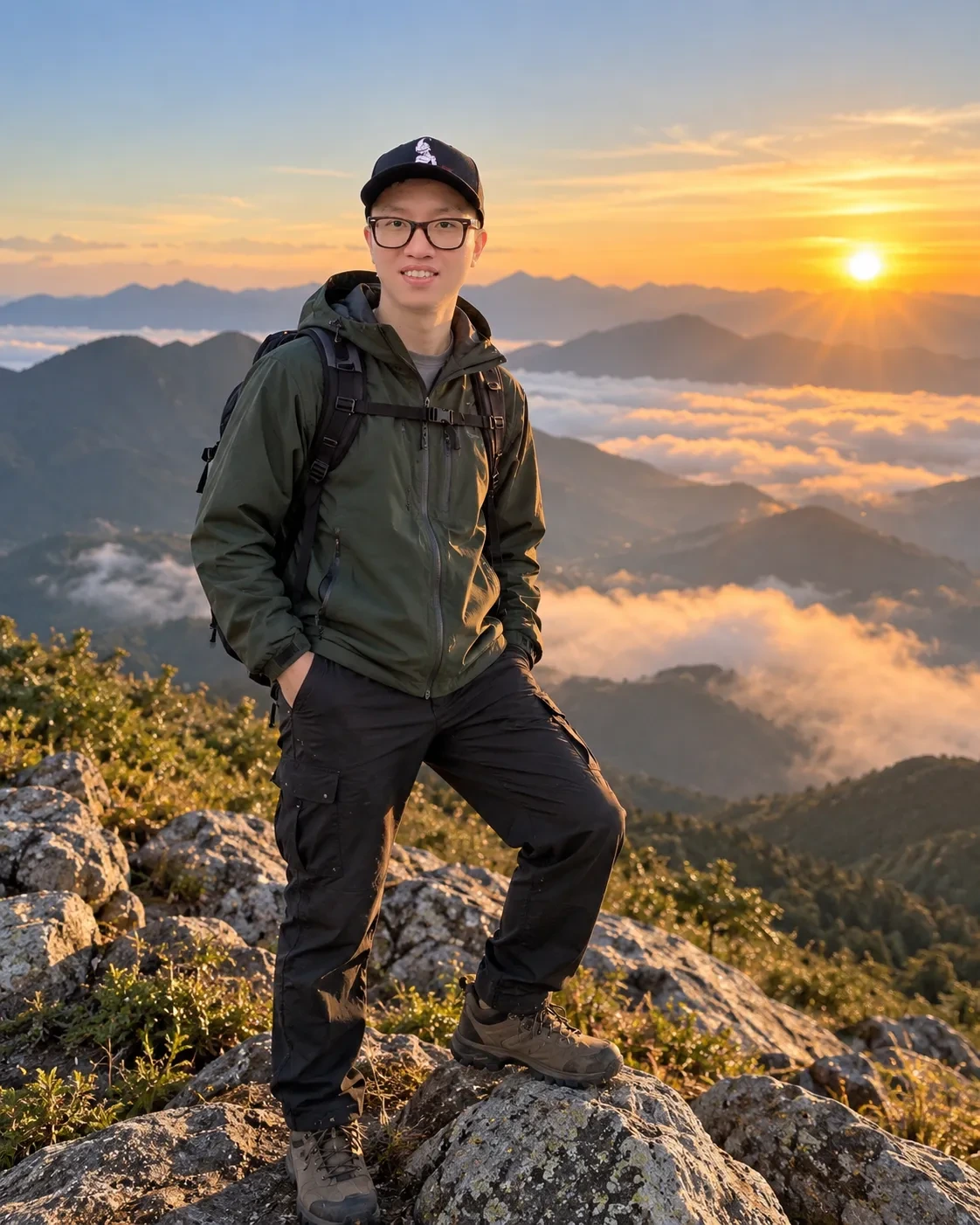 Man in glasses and a cap wearing a green jacket, backpack and hiking boots on a rocky summit above a sea of clouds at sunrise