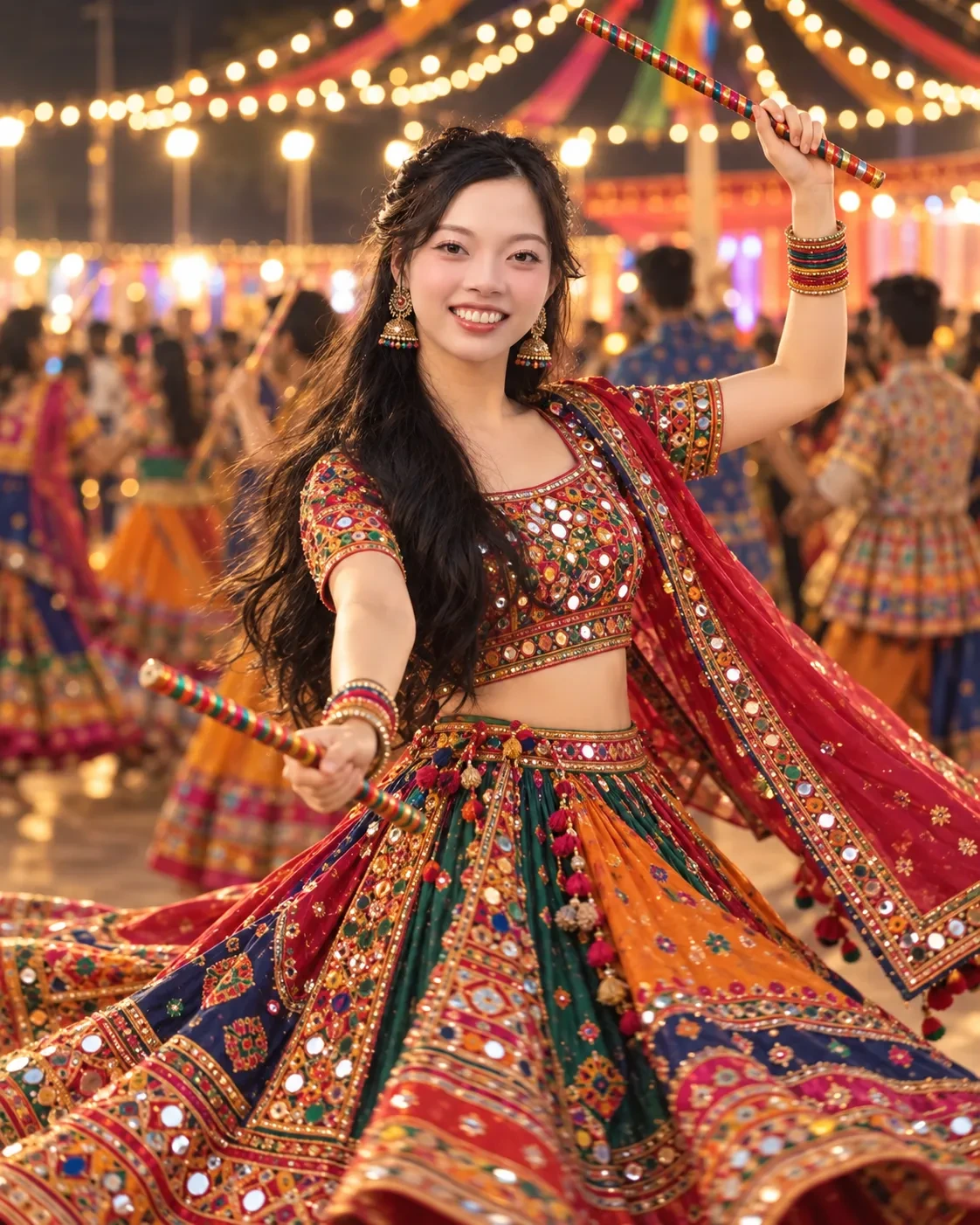 Woman in a mirror-work chaniya choli dancing with dandiya sticks at a garba night under string lights