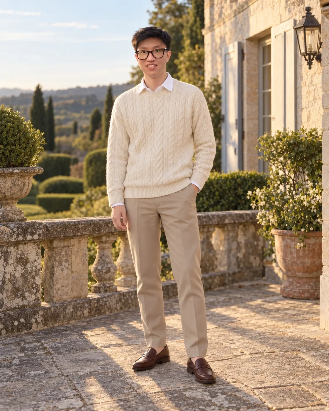 Man in glasses wearing a cream cable-knit sweater, white collar, beige trousers and brown loafers on a stone terrace with trimmed hedges