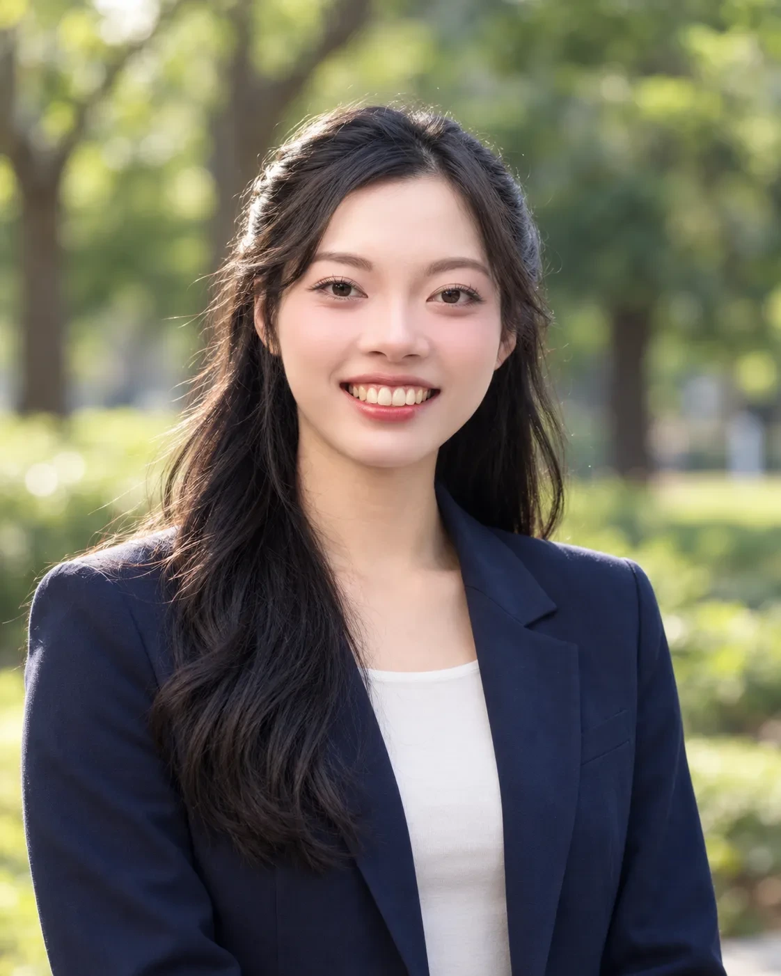 Chest-up headshot of a smiling woman in a navy blazer over a white top in a blurred green park
