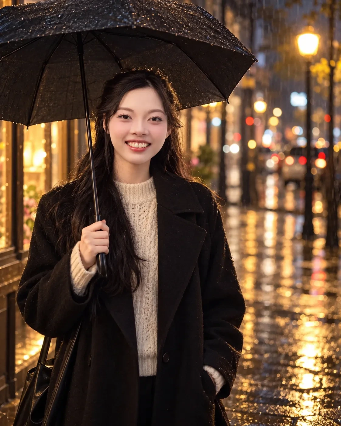 Smiling woman with long dark hair in a black coat and cream sweater holding a black umbrella on a rainy city street at night
