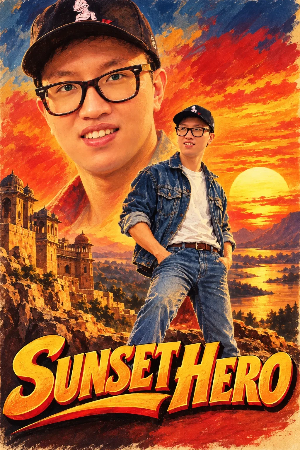Hand-painted retro film poster with a large painted face, a smaller figure in denim before a fort at sunset, and the title SUNSET HERO