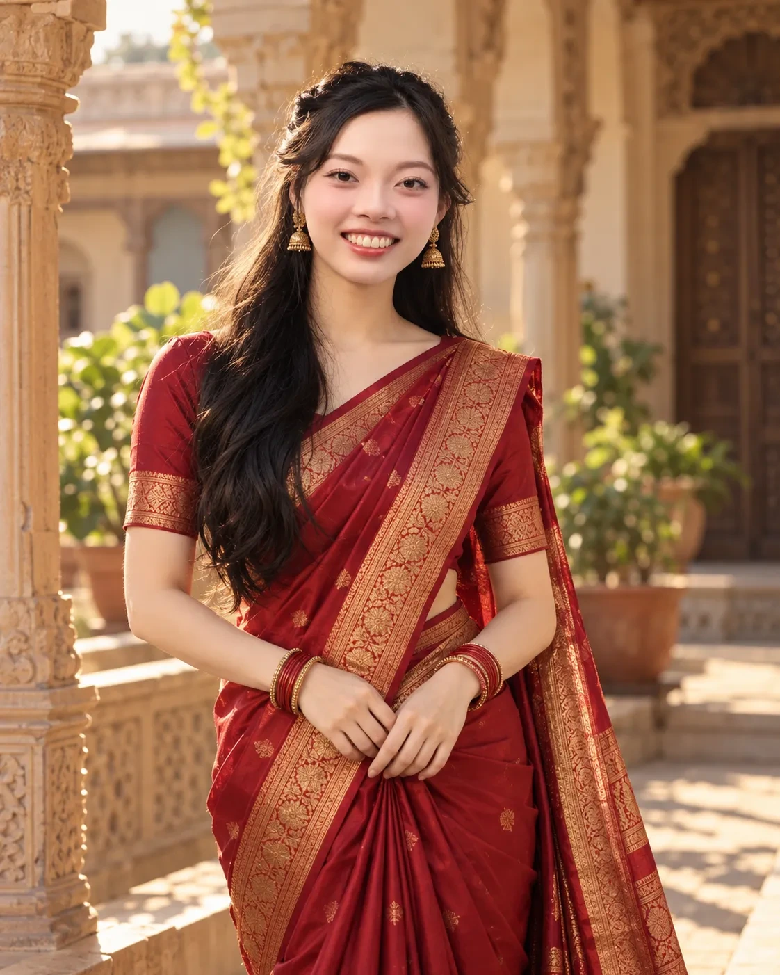 Smiling woman in a deep red silk saree with a gold zari border and gold jhumka earrings in a sunlit stone courtyard