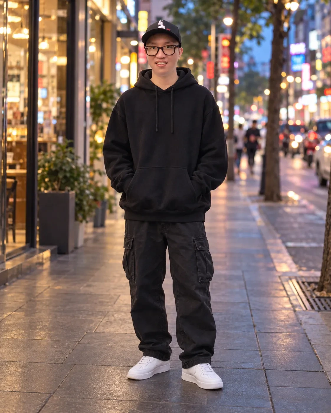 Man in glasses and a black cap wearing a black hoodie, cargo pants and white sneakers on a city pavement at dusk with neon shopfronts blurred behind