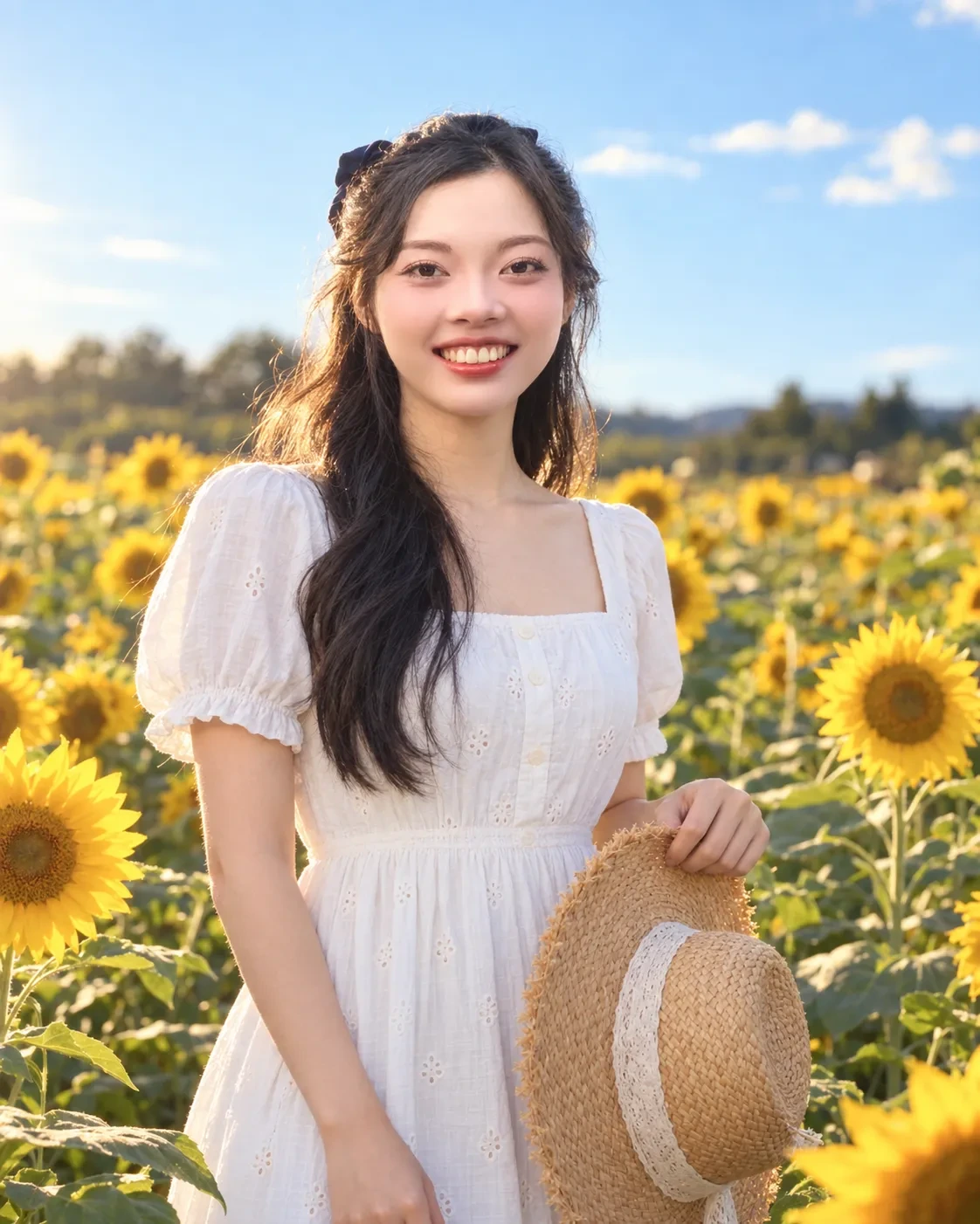 Smiling woman in a white puff-sleeve dress holding a straw hat in a sunflower field under a blue sky