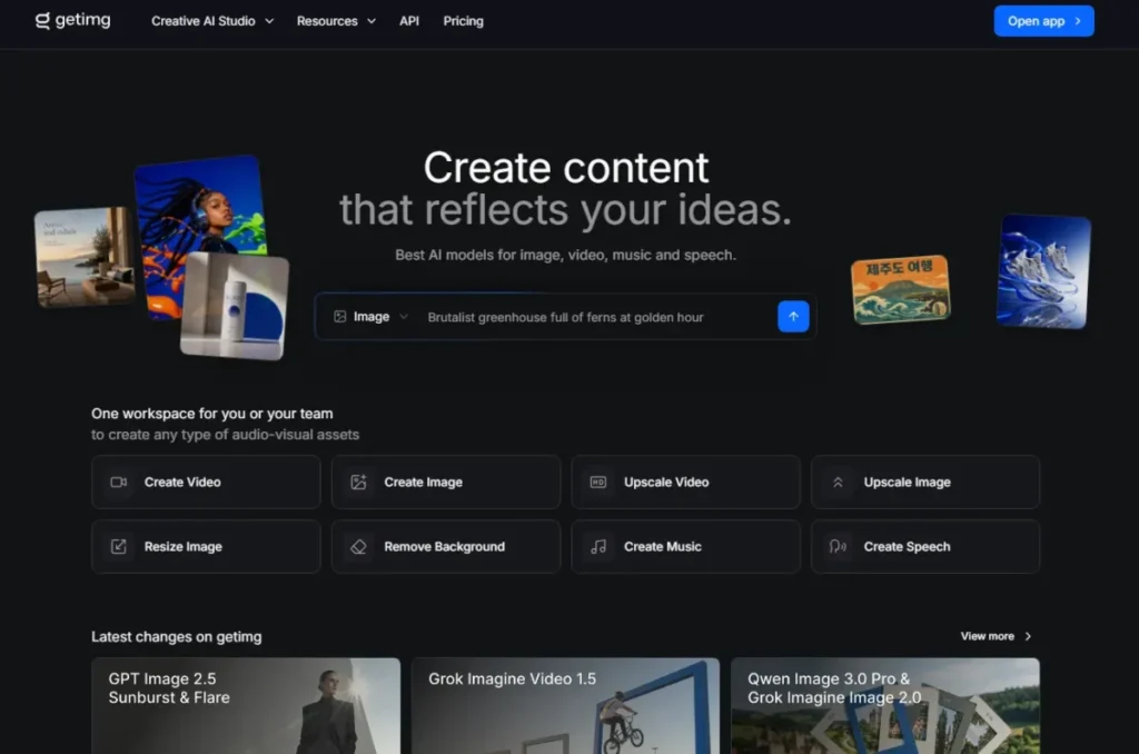 getimg.ai Creative AI Studio homepage showing image, video, music, speech, resizing, background removal, and upscaling tools