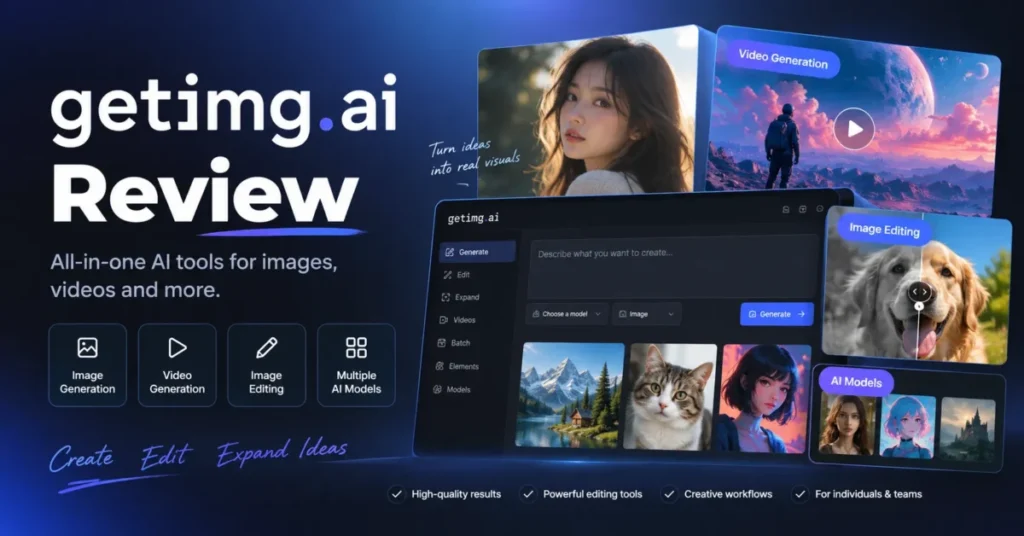 getimg.ai review featured image showing AI image generation, video generation, image editing, and multiple AI models