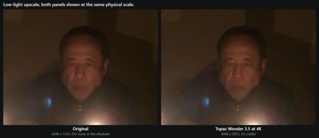Getimg.ai low-light 2x upscale comparison showing the original noisy candlelit portrait and the 4K upscaled result