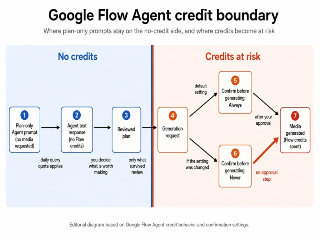 Google Flow Agent credit boundary diagram showing no-credit text prompts and credit-using media generation