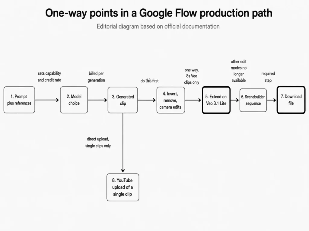 Google Flow production path showing model choice, clip generation, Veo 3.1 Lite extension, Scenebuilder, download, and YouTube upload