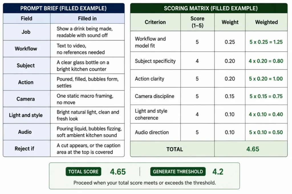 Google Flow prompt scoring matrix example with a filled video brief scoring 4.65 against a 4.2 generation threshold