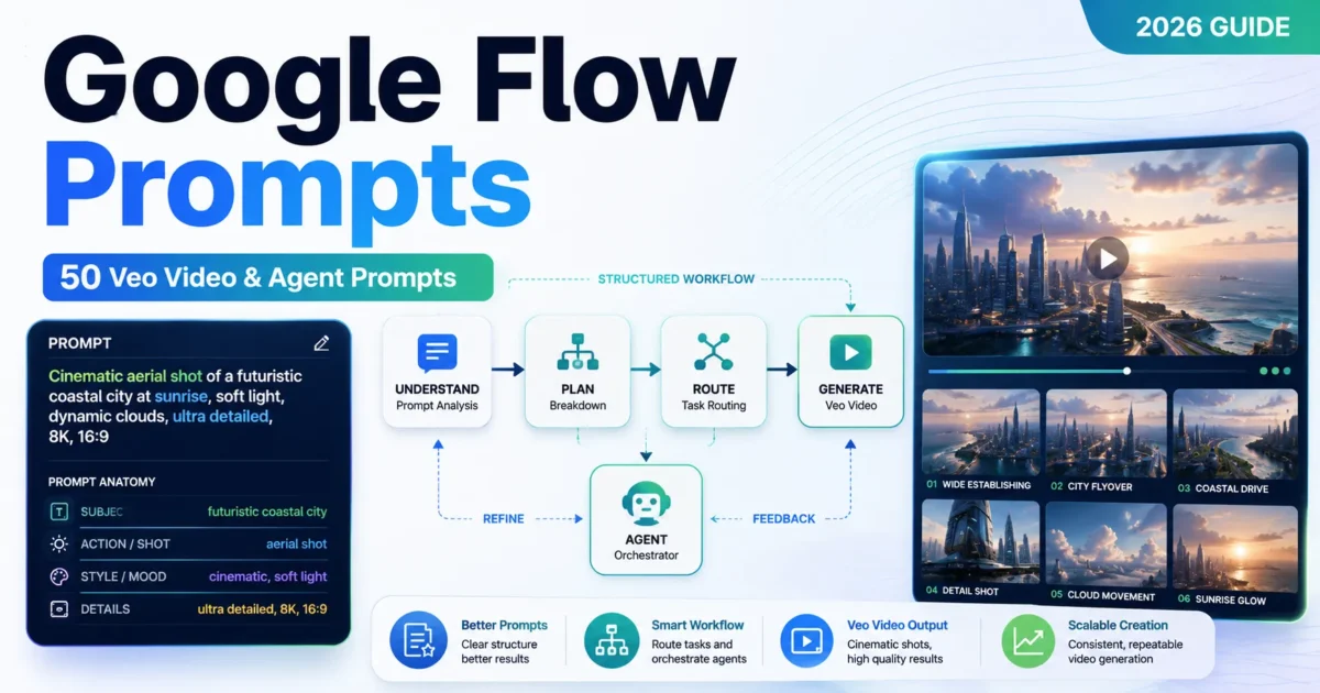Google Flow prompts featured image with Veo video generation and Flow Agent workflow