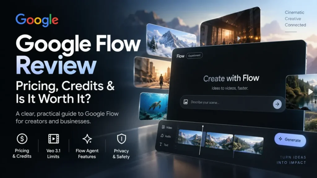 Google Flow review featured image showing AI video creation, pricing, credits, Veo 3.1 limits, Flow Agent, and privacy features