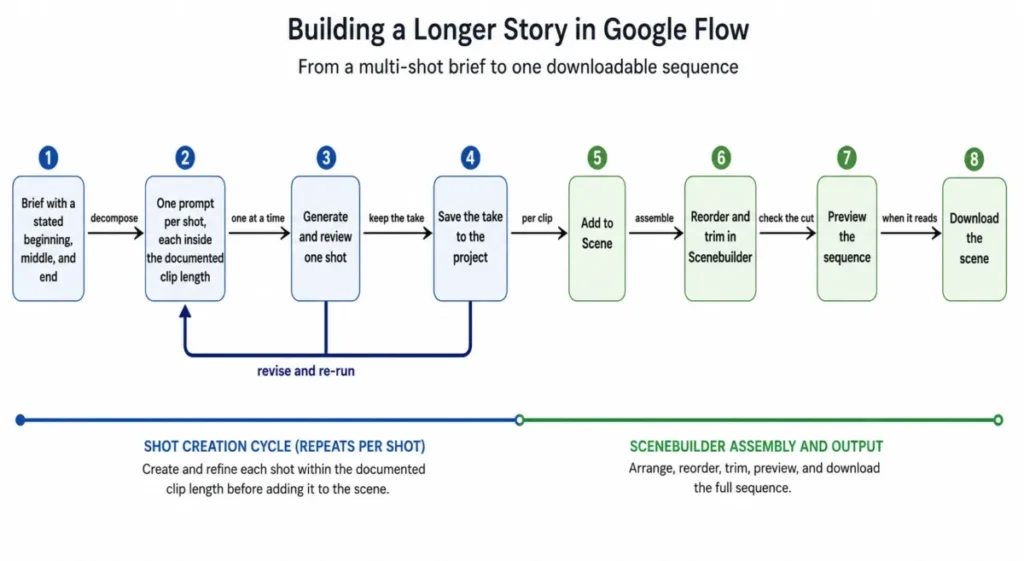 Google Flow Scenebuilder workflow diagram for building a longer story from multiple short video prompts
