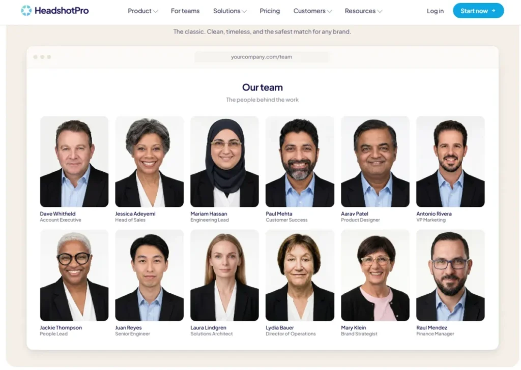 HeadshotPro team headshot examples in our best AI headshot generator comparison for professional corporate teams