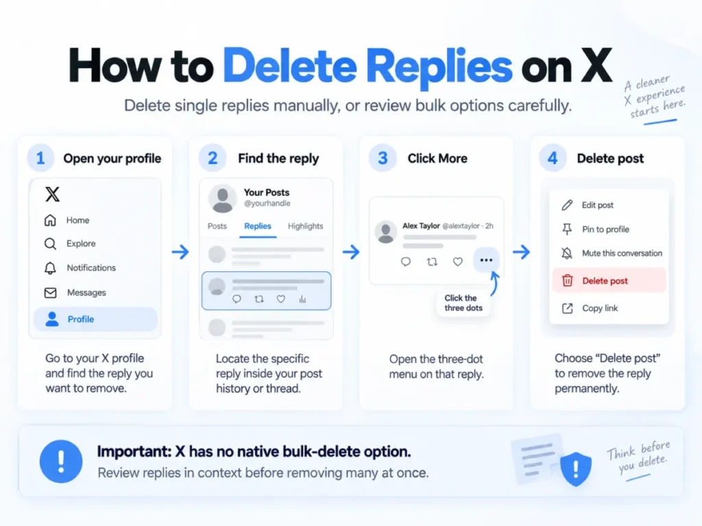 How to delete replies on X in four steps from opening your profile to choosing Delete post