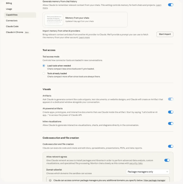 How to use Claude Capabilities settings for memory, Artifacts, tools, and code execution