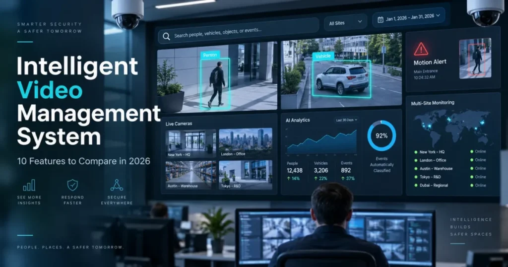 Intelligent video management system dashboard showing AI video search, motion alerts, analytics, and multi-site monitoring in 2026