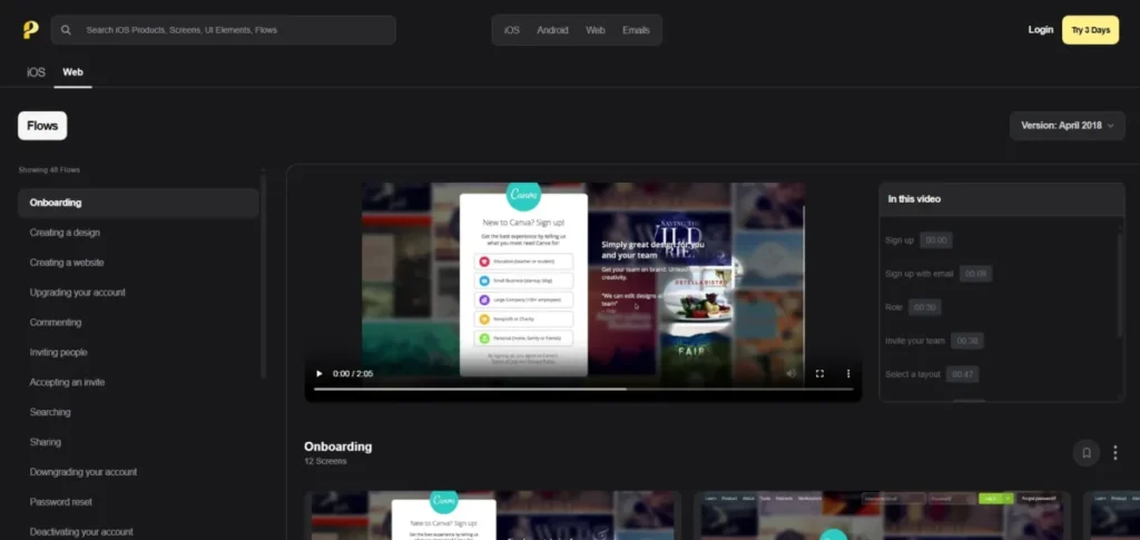 Page Flows Canva onboarding journey showing a video recording, onboarding steps, and 12 screens