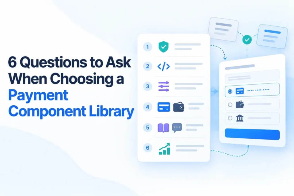 Six numbered questions for choosing a payment component library beside a checkout form with card, wallet and bank payment options
