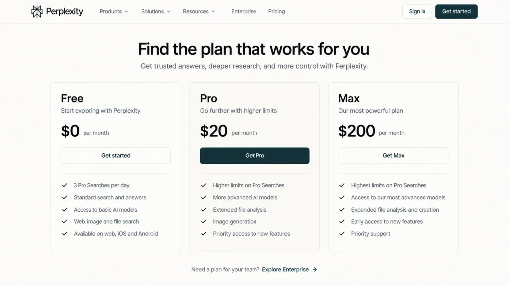 Perplexity AI pricing plans showing Free at $0, Pro at $20 per month, and Max at $200 per month.