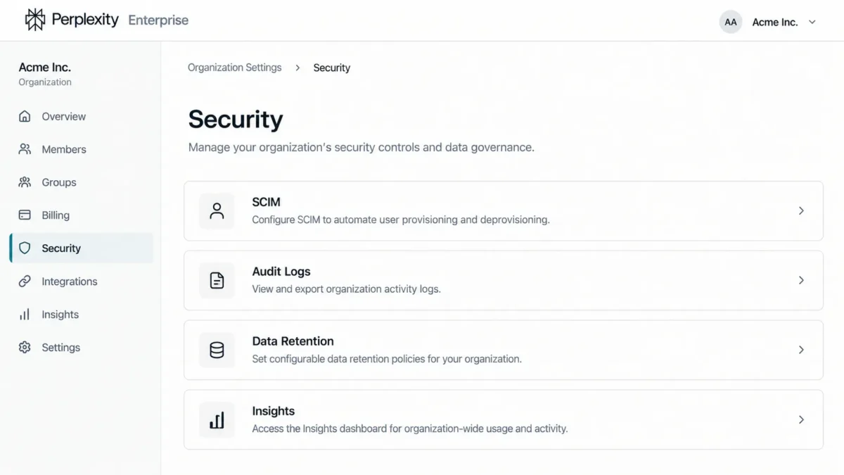 Perplexity Enterprise organization security settings showing SCIM, Audit Logs, Data Retention, and Insights controls.