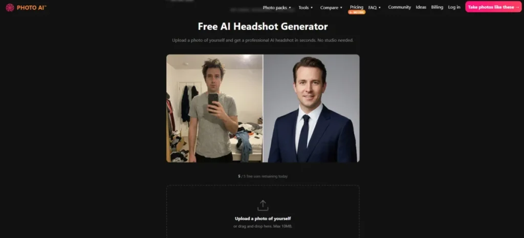 Photo AI free headshot generator example in our best AI headshot generator comparison showing selfie-to-professional-headshot transformation