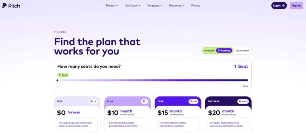 Pitch pricing plans 2026 showing Free at $0, Plus at $10, Team at $15 and Business at $20 per month billed yearly
