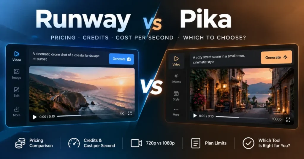 Runway vs Pika comparison for pricing, credits, cost per second and AI video features