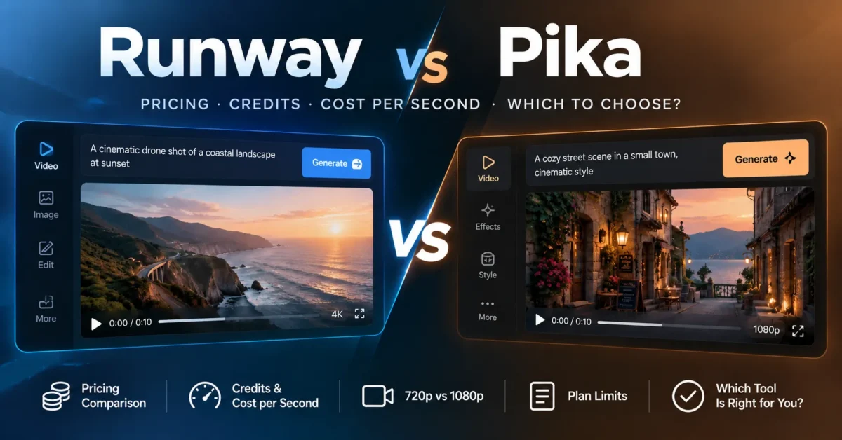 Runway vs Pika comparison for pricing, credits, cost per second and AI video features