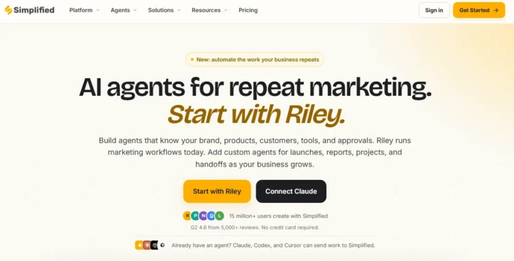 Simplified Riley AI agent platform for automating repeat marketing workflows