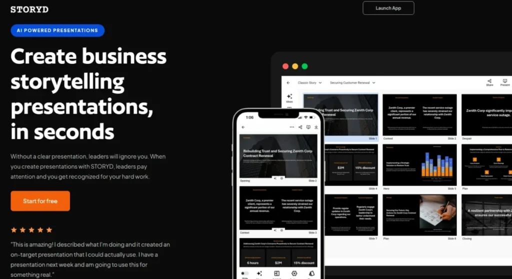 STORYD AI presentation maker showing business storytelling slides and a Start for free button