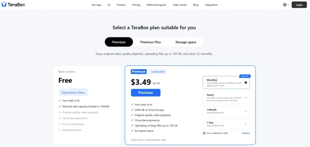 TeraBox pricing 2026 showing the Free Basic version and Premium plan at $3.49 per month