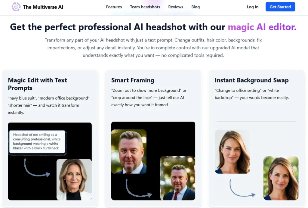 The Multiverse AI Magic Editor in our best AI headshot generator comparison showing text edits, smart framing, and background swaps