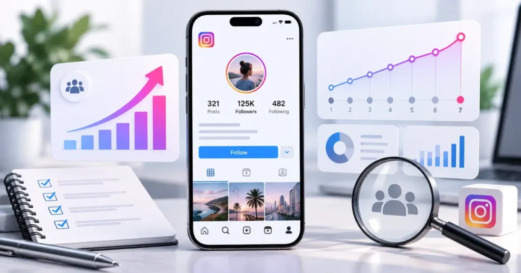 Instagram follower growth dashboard showing a seven-day tracking and retention analysis