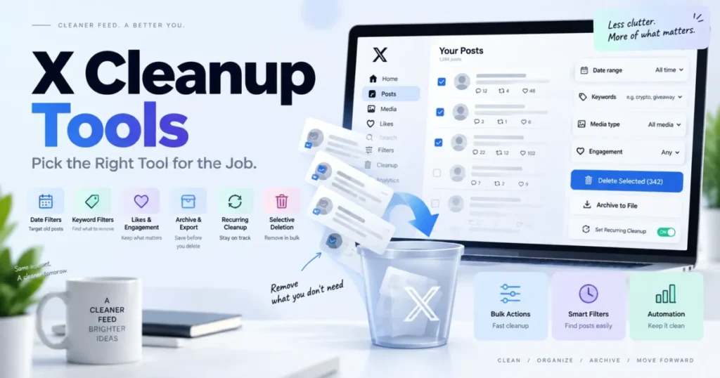 X cleanup tools for bulk deletion, filters, likes, archive uploads, and recurring cleanup